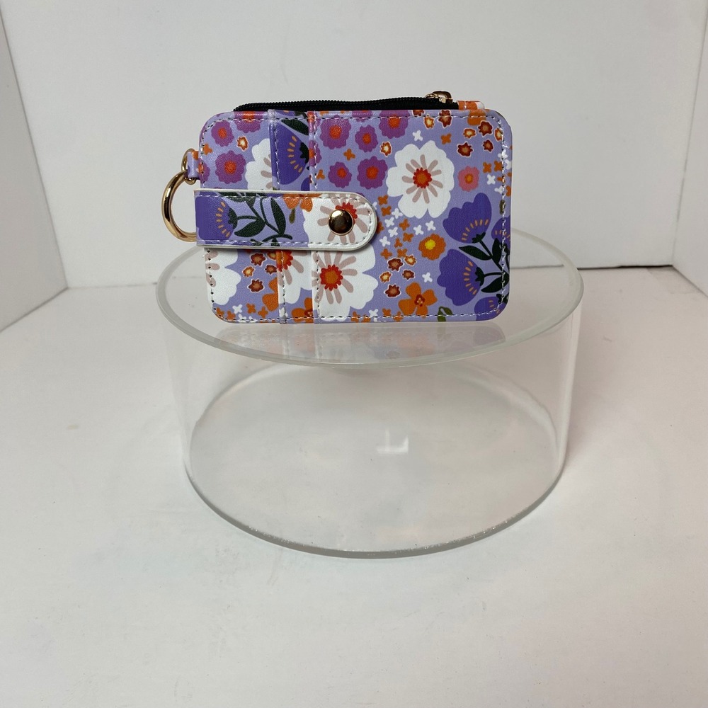 Purple Floral Card‎ Holder Wallet with ID Window Keyring and Zipper Pocket